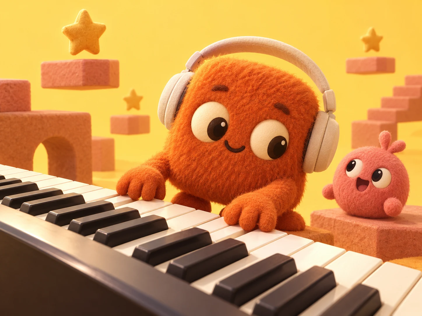 Two playful musical creatures exploring a piano keyboard in a sunny yellow world